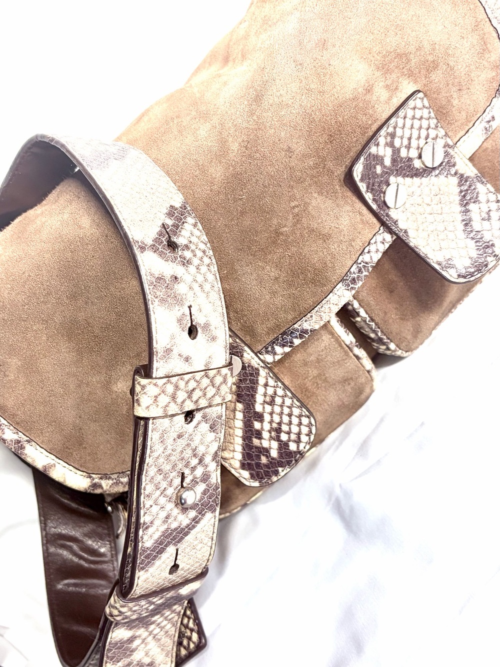 MICHAEL Michael Kors Brown Suede Crossbody with Snake-Print Trim
